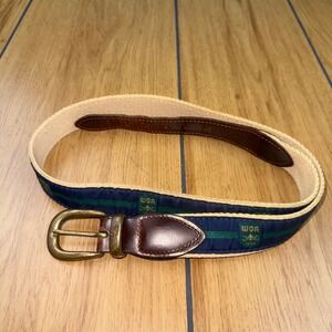 WGA 1899 Evans Scholars Par Club Ribbon Belt Mens 38 Navy Green Leather Brass